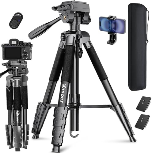 Kamera Stativ, 175cm Aluminium Videostativ mit Fluidkopf für Sony/Nikon/Canon, Leichtes Telefonstativ mit 2 QR-Platten/Drehbarer Handyhalter/Fernbedienung, Kann für Tiktok, Vlog (Schwarz-175)