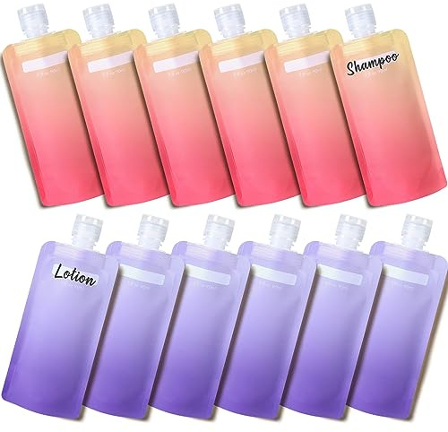 PACKISM 12 Pack Travel Pouches for Toiletries - 3 oz Leak Proof TSA Approved Liquid Containers, Squeeze Bags for Shampoo Lotion, Space Saving Refillable Carriers, Gradient Purple Cherry Yellow