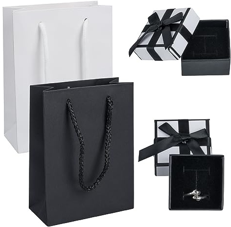 HUSAIHU 2Pcs Jewellery Gift Boxes with 2Pcs Gift Bags, 5x5x3cm Small Gift Boxes with Black Bow-Knot, Presents for Ring Earrings Necklace Bracelet Jewellery Packaging Box