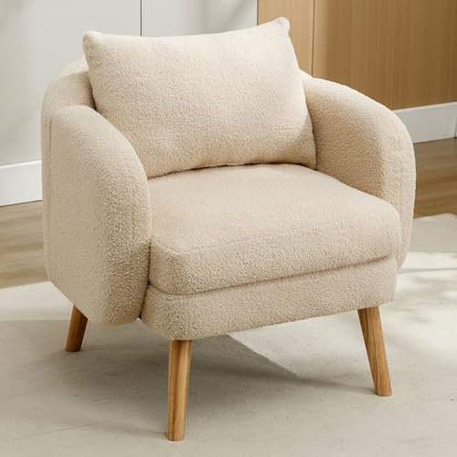 Moderner Relaxsessel Loungesessel Teddy Samt Sofastuhl mit Armlehnen und Kissen Cocktailsessel mit Extra Dicker Kissen-Sessel und Massivholz Beinstuhl, Polstersessel Fernsehsessel Lehnstuhl (Beige)