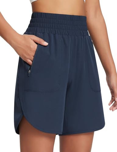 baleaf Running Shorts Womens High Waisted with Zipper Pockets Long Shorts Soft Gym Workout Hiking Shorts Navy L