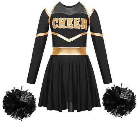 Uniformes de Cheerleading Tenues de Danse de Joie for Enfants, Uniformes de Pom-Pom Girl d'école for Filles, Robe Justaucorps à Manches Longues avec Fleurs à la Main for Cosplay (Color : Black, Size