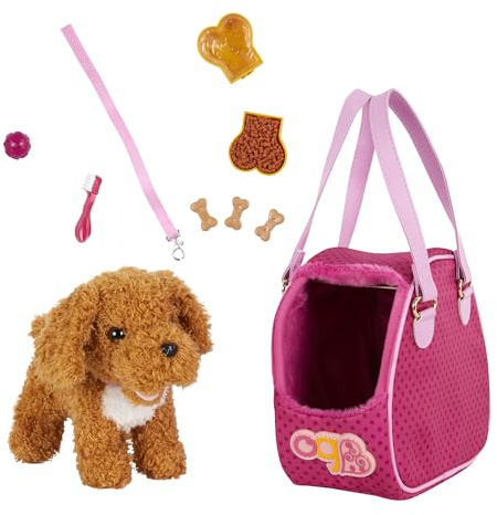 Our Generation Hop In – Hundetrage mit Pudel für 46-cm-Puppen | 11-teiliges Set mit 15 cm Pudel, Hundetrage, Leine, Leckerlis, Ball, Napf und Zahnbürste; passend für 46 cm Puppen; 3+ Jahre