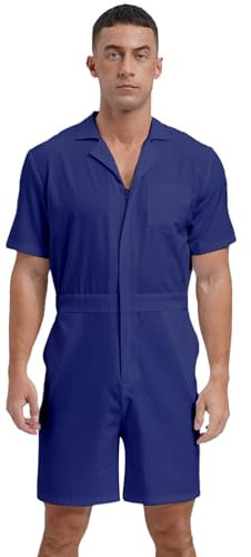 TTAO Herren Kurzarm-Overall Latzhose Arbeitskleidung Arbeitslatzhose mit Taschen Männer Mechanisch Jumpsuit mit Gürtel Zipper Maleroverall Königsblau XXL