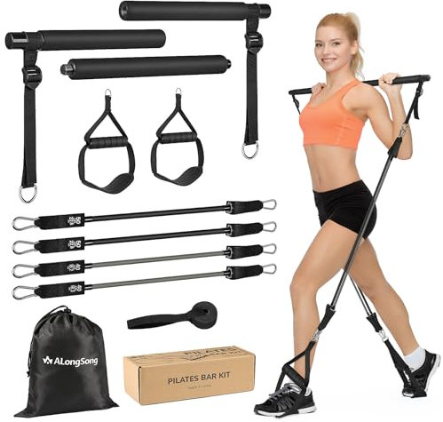 ALongSong Fitnessbänder Pilates Bar Set mit Widerstandsbänder 30-180lbs, Trainingsbänder Krafttraining Fitnessgeräte für Zuhause Resistance Bands Verstellbare Pilates-Stange Griffe
