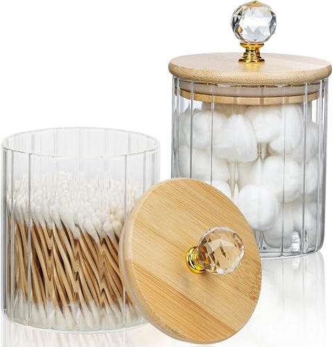 EOFJRUC Lot de 2 distributeurs Qtip pour boules de coton, organisateur de maquillage, verre transparent pour boîte de rangement de salle de bain, cotons-tiges, tampons ronds en coton, 500 ml