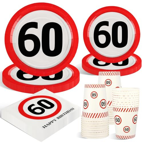 WenmthG 60. Geburtstag Deko Männer Frauen Servietten Pappteller - Verkehrsschild 60 Geburtstag Partygeschirr - 100 Stück Tischdeko 60. Geburtstag