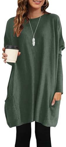 AUSELILY Maglione Donna Lungo Oversize Maglietta Donna Maniche Lunghe Leggero Pullover Girocollo Felpa T-Shirt Vestito con Tasche Verde Scuro M