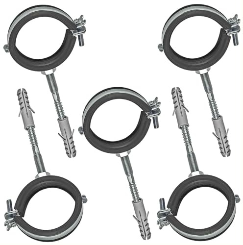 MegaHaustechnik Gelenk-Rohrschellen aus Stahl verzinkt, Set 5 Stück mit Stockschrauben und Dübel, Spannbereich 107 bis 112mm Rohr-Außendurchmesser 4 Zoll, mit Schallschutz, mit M8 Gewinde-Mutter