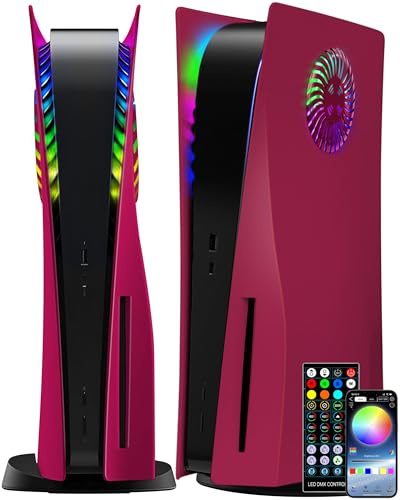 Joso Carcasa para placa frontal con tira de luz LED RGB para PS5 Disc Edition, ABS antiarañazos, resistente al polvo, carcasa de repuesto con ranuras para ventilador, sincronización de música con 8