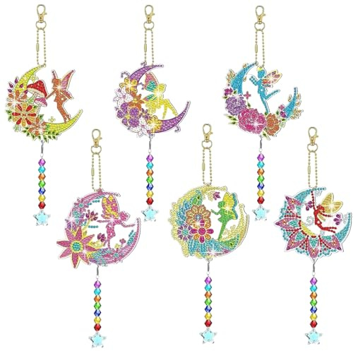 Bdfgh 6Pcs DIY Diamond Painting Kit, Wind Chime Crystal Art Kit for Adults Kids, 5D Hanging Diamond Suncatcher Craft Kit Diamond Art Ornaments with Crystal Pendant for Windows Garden Home Decor