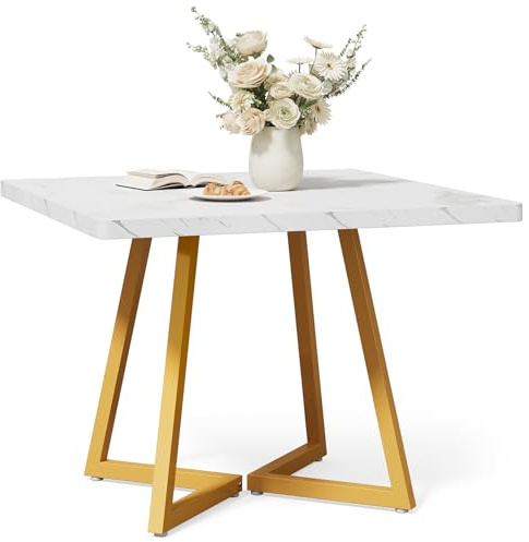 LITTLE TREE 80 cm Kleiner Esstisch für 4 Personen, quadratischer Esstisch für kleinen Raum, Esszimmertische, Weißgold, Holz-Küchentisch mit Metallbeinen, moderner Freizeit-Café-Tisch für Wohnung