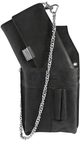LEONARDO VERRELLI Kellner Geldbörse aus Leder, Kellnerbörse, Geldbeutel, Damen Herren Portemonnaie mit oder ohne Holster, Steck-Tasche, mit Kette und großem Münzfach (Echtleder Hunterstil - Schwarz)
