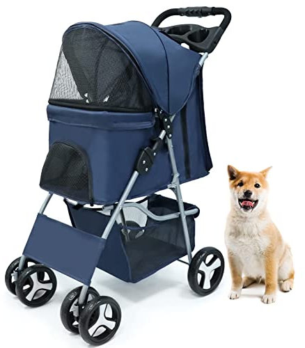 HCZKIUJY Haustier-Kinderwagen für kleine Katzen/Hunde, Faltbarer Hunde-/Katzenwagen mit Aufbewahrungskorb und Getränkehalter, maximale Belastung: 15 kg