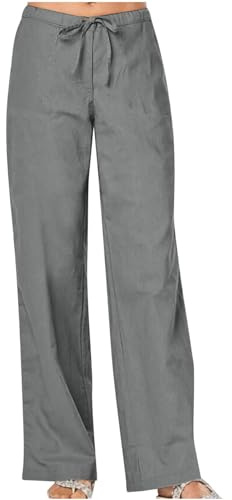 Trousers for Women Sale Clearance Linen Trouser Womens UK Casual Smart Palazzo Pants Elasticated Waist Loose Fit Plain Cotton Linen Straight Leg Work Going Out Beach Pants with Pockets