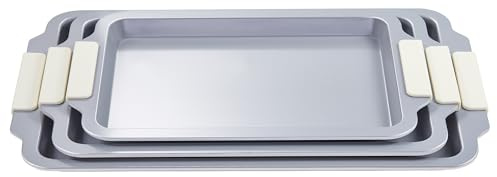 HONGBAKE 3-teiliges Backblech-Set (Viertel/Jelly Roll/Halb), Aluminium-Stahl mit Keramik-Antihaftbeschichtung, stapelbar, hitzebeständig bis 260 °C, PTFE- & PFOA-frei, mit abnehmbaren Silikongriffen
