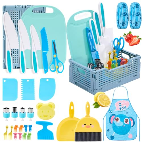 XueerQueer Set de Cuisine pour Enfants – 30 Pièces avec Couteaux Antidérapants, Planche à Découper, Grembiule et Accessoires Montessori pour Apprendre à Couper Fruits et Légumes (Bleu)