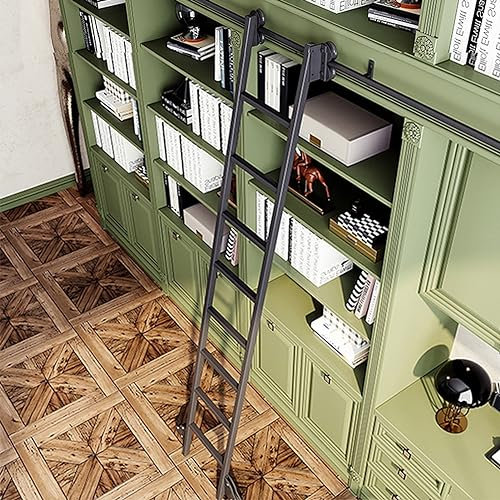 Schiebeleiter-Hardware-Kit – komplettes Set mit runden Ra und schwarzen Bodenrollen – perfekt für Bücherregale, Innenräume und Lofts – einfache Installation