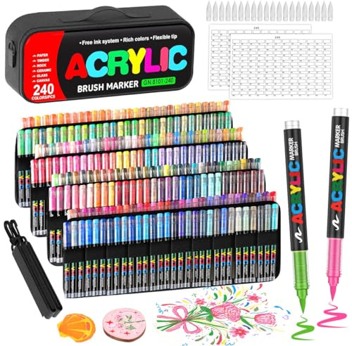Gunsamg Feutres Acryliques 240 Couleurs - Sac de Transport à Bandoulière, Fixation Élastique par Couleur, Pointe Pinceau Flexible 1-5mm, Peinture Acrylique sur Pierre Verre Céramique- Loisirs Créatifs
