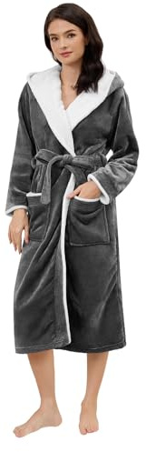Knuffnee Damen Fleece Bademantel mit Kapuze Flauschig Morgenmantel Warm Lang Saunamantel