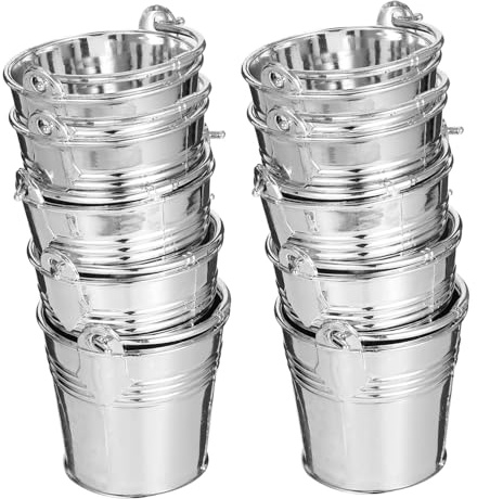 CIYODO Lot de 10 mini seaux en plastique avec poignées argentés - Petits seaux de cuisine de jeu miniatures polyvalents - Pour maison de poupée, jeu d'enfant, décoration de fête et extérieur