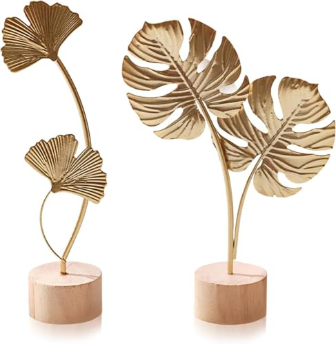 Tarqite 2 Stück Ginkgoblatt Statue Deko, Kreative Ginkgo Leaf Statue, Blatt Metallskulptur, Gold Desktop Skulptur Deko für Home, Büro, Schlafzimmer, Wohnzimmer, Weihnachtsdeko (A)