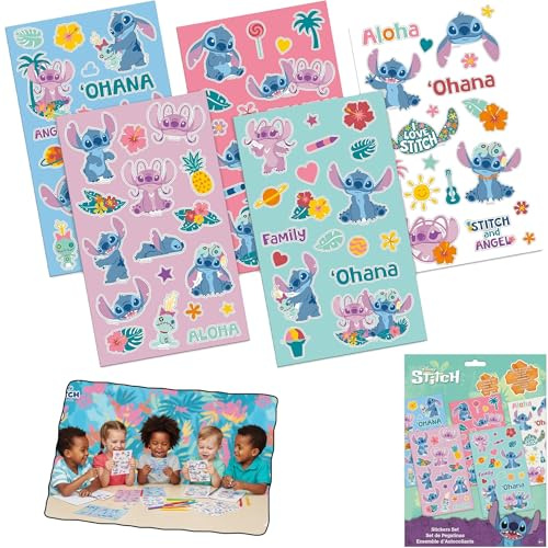 Disney Stitch Sticker Set 5 Sheets 90 Waterproof Reusable Stickers for Kids Crafts Scrapbooking Laptop Party Favours Birthday Christmas Gifts Lilo & Stitch Ohana Family Aloha Design