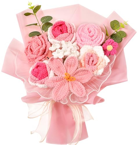 Wishwell Pop Blumenstrauß Gehäkelt, Rose und Tulpe, Rosa | Handgemachte Häkelblumen Geschenk für Mama, Freundin zu Muttertag, Valentinstag, Hochzeit und Geburtstag