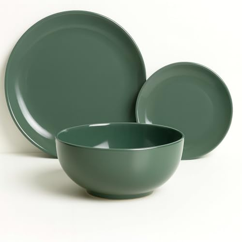 RSK Goods Serenade 18-Piece Stoneware Dinnerware Set – 6 Dinner Plates (27.5cm), 6 Salad Plates & 6 Cereal Bowls (21cm) – Durable, Microwave & Dishwasher Safe (Dark Green)