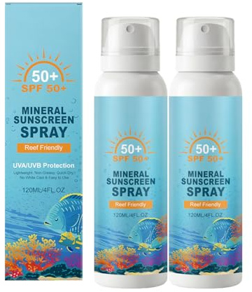 Solspray SPF 50, mineral UVA/UVB skydd, solskydd, lätt textur och vattentät solkräm för ansiktskropp, solkräm spray för alla hudtyper, 120 ml (2 st)