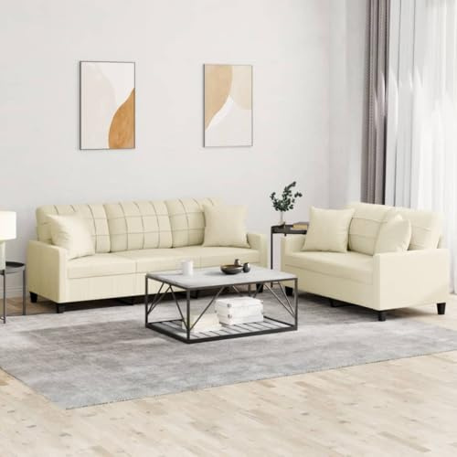 Faucqir 2-delad soffa set med kudde gräddfärgad konstläder 2-sitsig 3-sits stoppade möbler vardagsrum soffa lounge komfort sittbänk avkoppling fåtölj