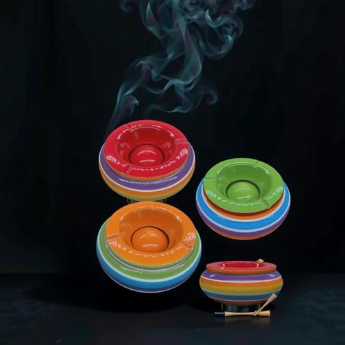 Aschenbecher Windaschenbecher Keramik Tischaschenbecher mit Deckel Bunt Streifen (Rot/Orange)