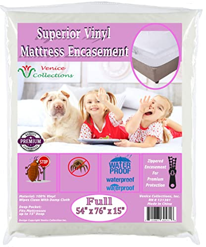 Superior Extra Heavy 8 Gauge Vinyl Mattress Protector Zippered Encasement Cover 100% Waterproof Full White