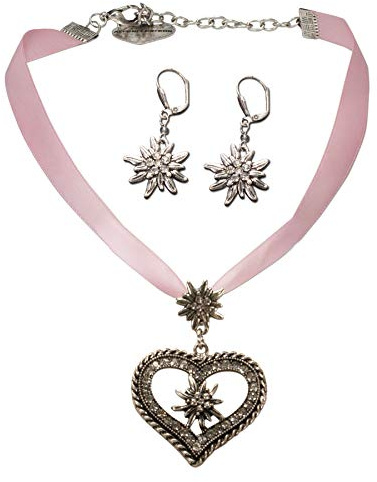 Alpenflüstern Trachtenschmuck-Set Satin-Trachtenkette Strassedelweissherz und Trachten-Ohrhänger Strass-Edelweiss - Damen-Trachten-Schmuck, Trachtenset Kette und Trachten-Ohrringe SET044