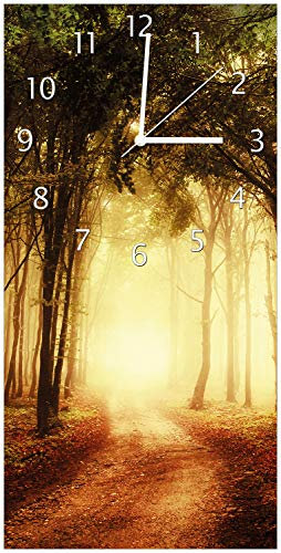 Wallario Design-Wanduhr Sonnenuntergang auf dem Waldweg aus Glas, Motiv-Uhr Größe 30 x 60 cm, weiße Zeiger