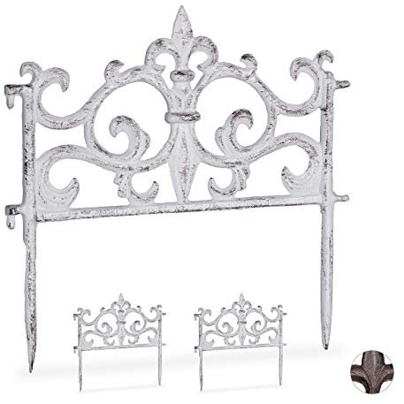 Relaxdays 10 x Beetzaun Element, Gusseisen, Vintage Design, erweiterbar, Erdspieß, dekorativer Steckzaun, HxB 27x27 cm, weiß