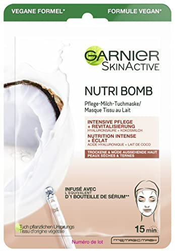 Garnier Maschera di stoffa, maschera viso per pelle secca e stanca, cura intensiva e rivitalizzazione, formula vegana con latte di cocco e acido ialuronico, Nutri Bomb, 28 g
