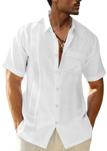 LVCBL Herren Leinenhemden Regular Fit Herrenhemd Weiß M