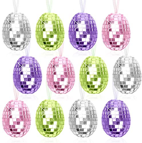 Sprinlot Deko Ostereier Plastik, 12 Osterdeko Eier zum Aufhängen, Deko Ostereier Glitzer Anhänger, Behang Ostereier Bunt, Dekoeier Mosaik Glänzend, Ostereier Pastell für Draußen und Innen
