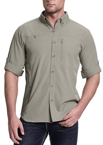 33.000ft Camisa deportiva para hombre, de manga larga, de secado rápido, ligera, transpirable, para senderismo, protección UV 50+, con bolsillos, para pesca, senderismo, gris, L