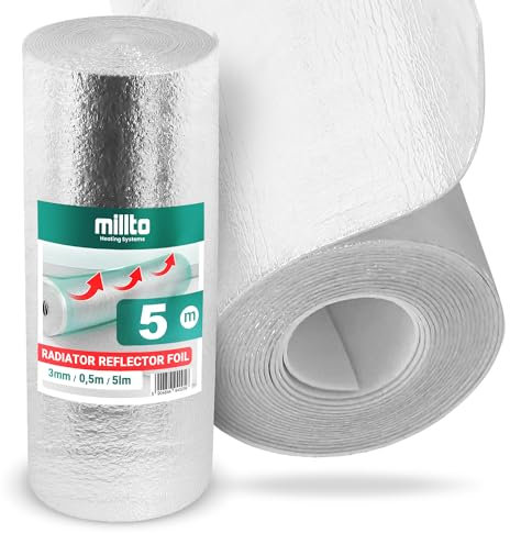 Millto™ Lamina Isolante Termoriflettente 5m x 0,5m x 3mm | Pannelli Riflettenti Termosifoni Rotolo Foglio Isolante Isolamento Termico Protegge Freddo Caldo Caloriferi Consente Risparmiare Energia