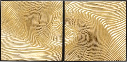 Kare Design Objektbild Wave 2er Set, Gold, Leinwand, Wanddekoration, Bild mit Rahmen, Massivholz Rahmen, Wellenmuster, Abstrakt, Modern, Wohnzimmer, 60x120x4cm