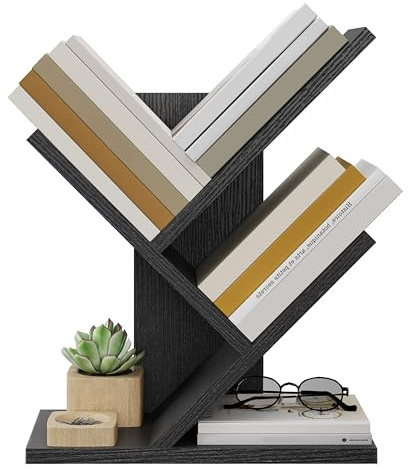 Tajsoon Tree Bookshelf 3 Tier Book Shelves Storage Organizer, Desktop Bookshelf Floor Standing Bookcase Display for CDs/Magazine/Books, Small Bookshelf for Bedroom, Living Room&Office, Black