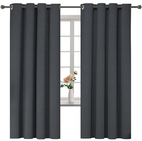 YSTELLAA Tende 100% Oscuranti Per Interni 2 Pezzi, 140×160cm, Effetto Lino, Tende Termiche, Con Anelli, Tenda Termica Isolante Freddo E Caldo, Fonoassorbenti, Moderne, Grigio