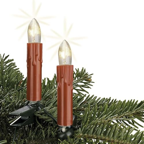 hellum Lichterkette Weihnachtsbaum mit Wachstropfen, Made in Germany, Kerzen mit Clip, 15 Lichter, beleuchtete Länge 9,8 m, warmweiß, schaft rot, für Innen, teilbarer Stecker, kein LED <59lm 814026