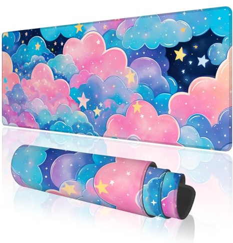 TOXXU Pink Cloud Large Gaming Mouse Pad with Anti-Slip Base for Keyboard and Mouse, Kawaii Colorful Clouds Extended XL Mousepad for Girl, Cute Desk Mat with Stitched Edges for Desk, 31.5 x 11.8 in