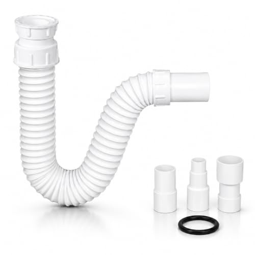 TEHNOEXPORT Flexibler PVC Siphon 1 1/4 (5/4, 31,75 mm) mit Wandadapter 32/40/50 mm Universal Geruchsverschluss & Ablaufschlauch für Waschbecken im Bad, Abflussrohr S00012