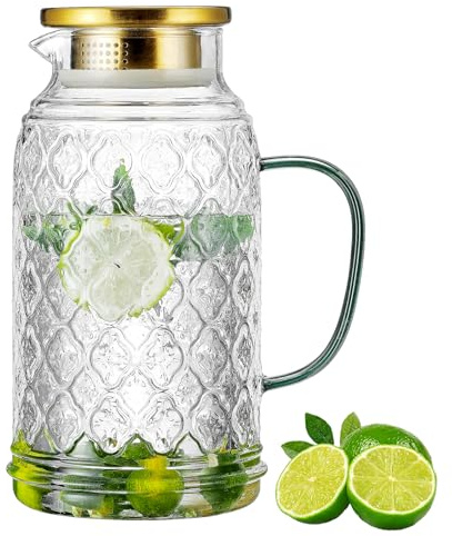 Buaic Glaskrug mit Deckel, 2 l, Vintage-Wasserkrug, klare Borosilikatglas-Wasserkaraffe für kaltgebrühten Kaffee, Limonade, Eistee, Saft, Getränke, hitzebeständiger Wasserglas-Krug