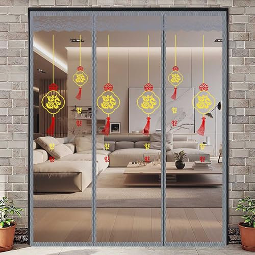 XQKXHZ 120x210cm(W x H), Magnet für Fliegengitter Tür, Magnetisches Fliegengittertür Balkontür ohne Bohren mit Chinesischer Stickerei, Doppelöffnung Insektenschutz Tür Vorhang Grau