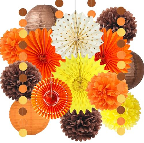 Herbst Party Dekorationen Orange Gelb Braun Papierfächer Seidenpapier Pompons Papier Laternen Girlande Herbst Party Deko Geburtstag Herbst Brautdusche Hochzeit Thanksgiving Party Dekorationen